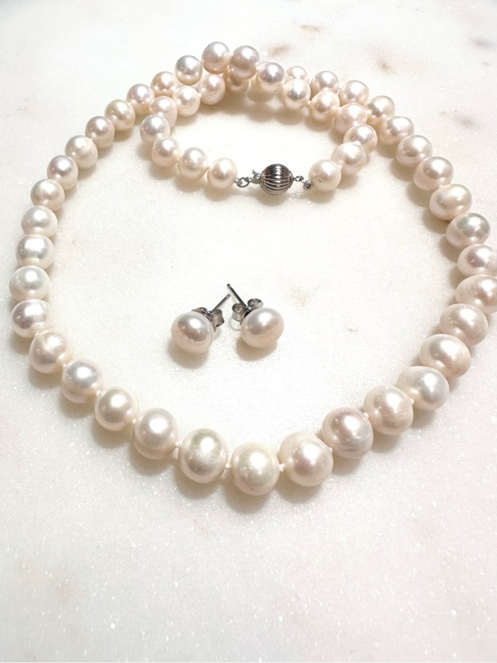 White Cultured Freshwater Pearl Rhodium over Sterling Silver Necklace & Earrings